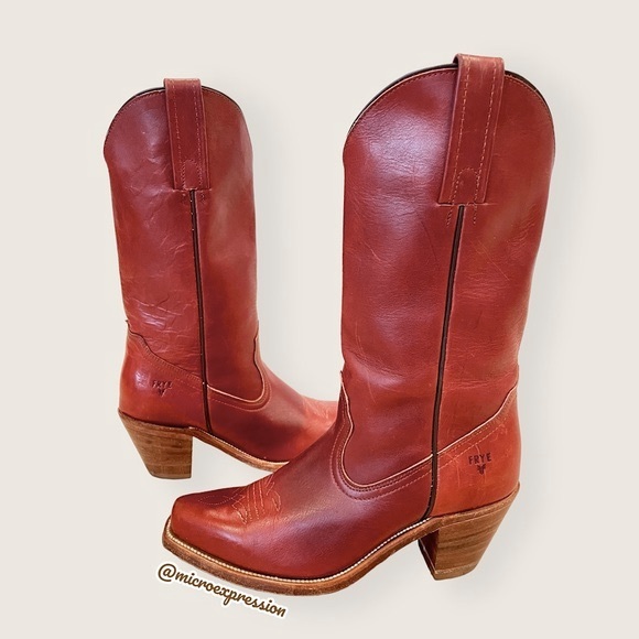 Frye Shoes - 1990’s Frye Vintage Leather Pull On Cognac Red Low Heel Embroidered Cowboy Boot